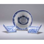 A PAIR OF PEARLWARE BLUE AND WHITE ASPARAGUS SERVERS AND A PEARLWARE BLUE AND WHITE BOWL