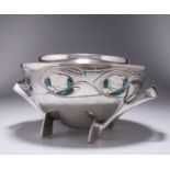 A LIBERTY & CO TUDRIC PEWTER AND ENAMEL TWO-HANDLED ROSE BOWL, DESIGNED BY ARCHIBALD KNOX