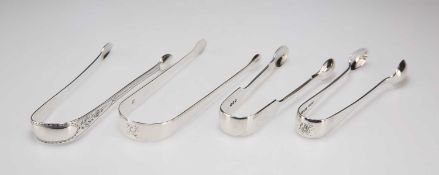 FOUR PAIRS OF SILVER SUGAR TONGS, GEORGIAN AND LATER