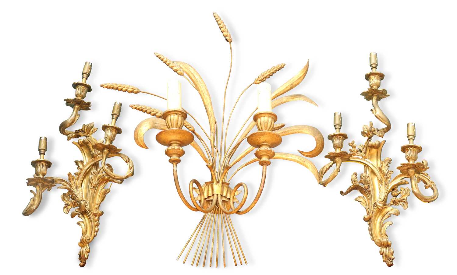 A PAIR OF ROCOCO REVIVAL GILT-BRONZE THREE-BRANCH WALL SCONCES, 19TH CENTURY