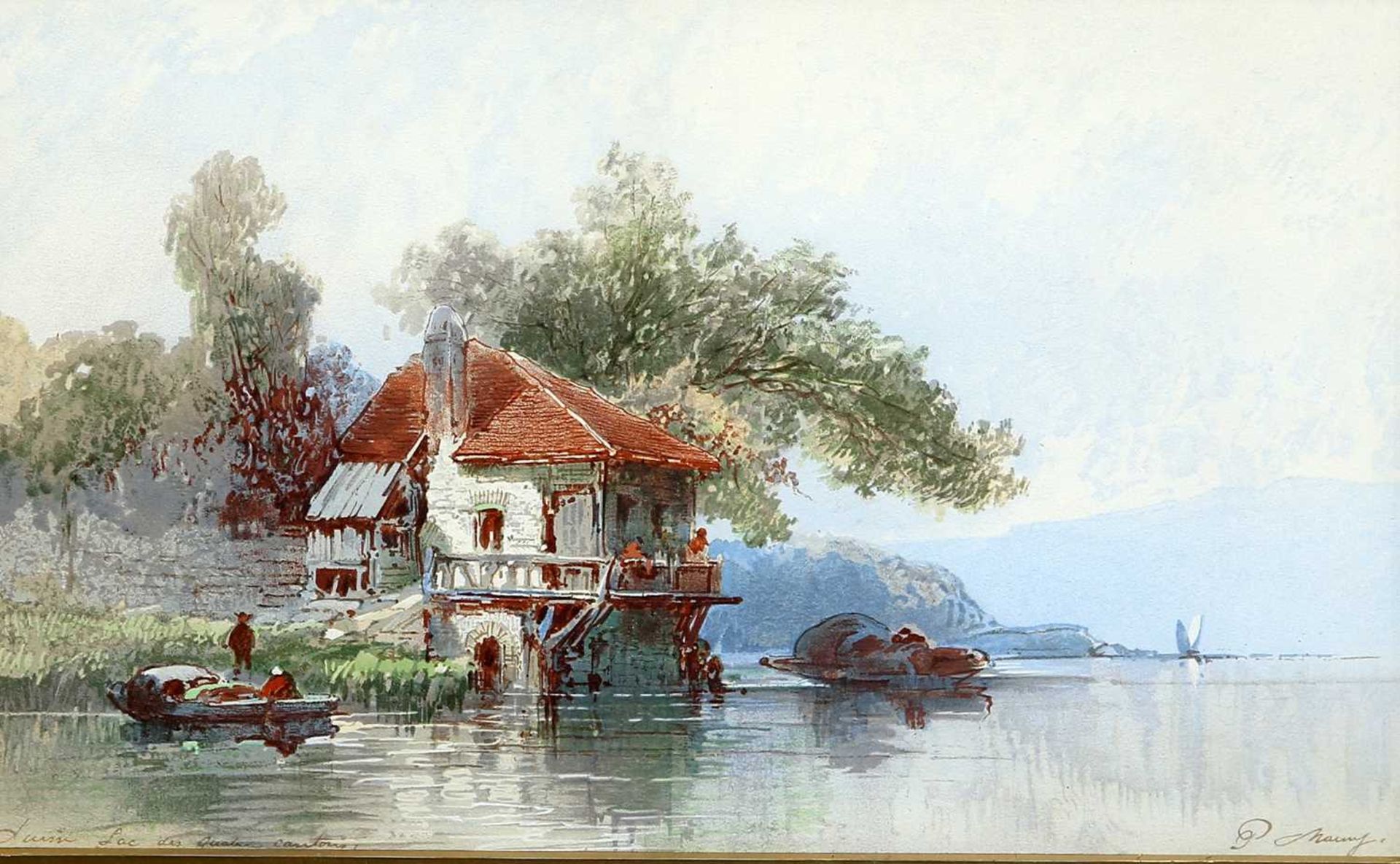 P MAINY(?) (19TH CENTURY) LAKESIDE SCENE