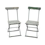 A PAIR OF EARLY 20TH CENTURY PAINTED WOOD AND IRON FOLDING GARDEN CHAIRS