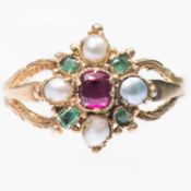 A VICTORIAN RUBY, SPLIT PEARL AND EMERALD CLUSTER RING