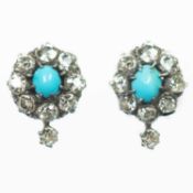 A PAIR OF DIAMOND AND TURQUOISE CLUSTER EARRINGS
