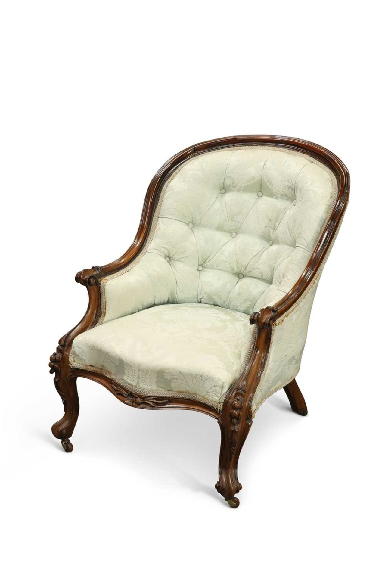A VICTORIAN ROSEWOOD AND UPHOLSTERED SALON CHAIR, CIRCA 1870