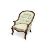 A VICTORIAN ROSEWOOD AND UPHOLSTERED SALON CHAIR, CIRCA 1870