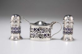 A SILVER MUSTARD AND PAIR OF PEPPERS, EARLY 20TH CENTURY