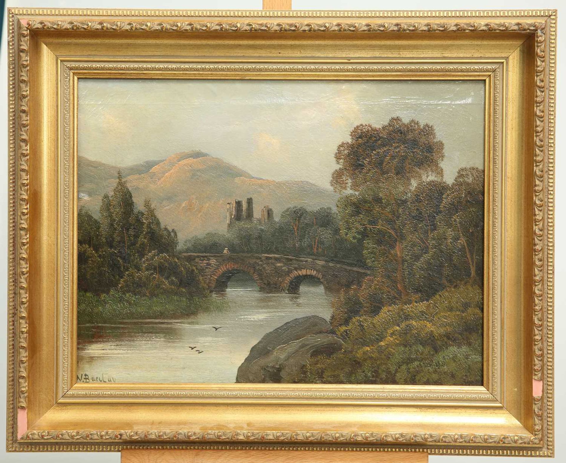 N BARCLAY (19TH/20TH CENTURY) RIVER LANDSCAPE WITH BRIDGE AND RUINED CASTLE - Image 2 of 2