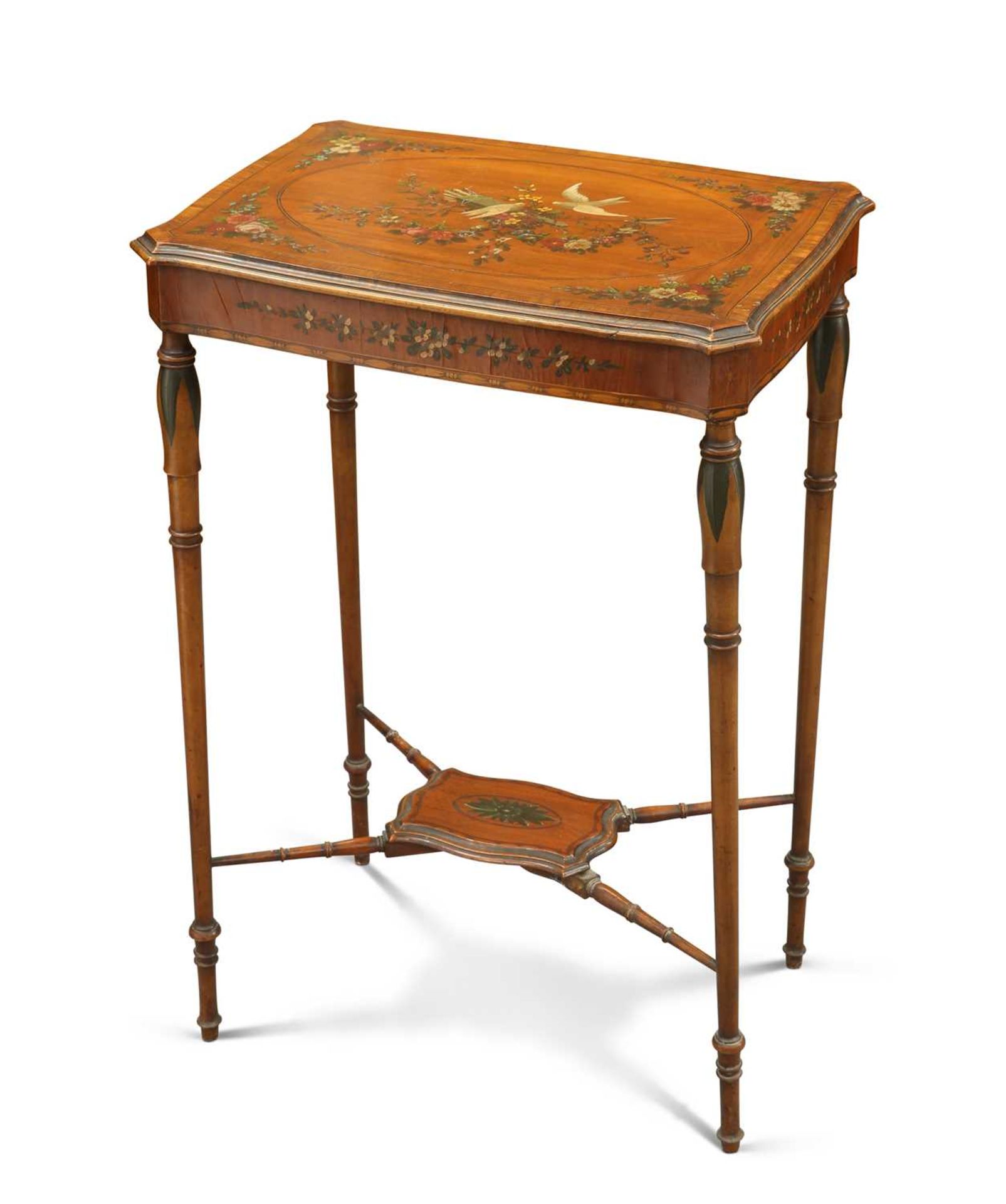 A LATE 19TH CENTURY PAINTED SATINWOOD OCCASIONAL TABLE, IN THE MANNER OF EDWARDS & ROBERTS