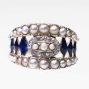 AN EARLY 19TH CENTURY SEED PEARL, DIAMOND AND ENAMEL RING