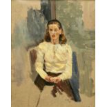 KENNETH GRIBBLE (1925-1995) PORTRAIT SKETCH OF JANE IN A YELLOW CARDIGAN, MIDDLESBROUGH