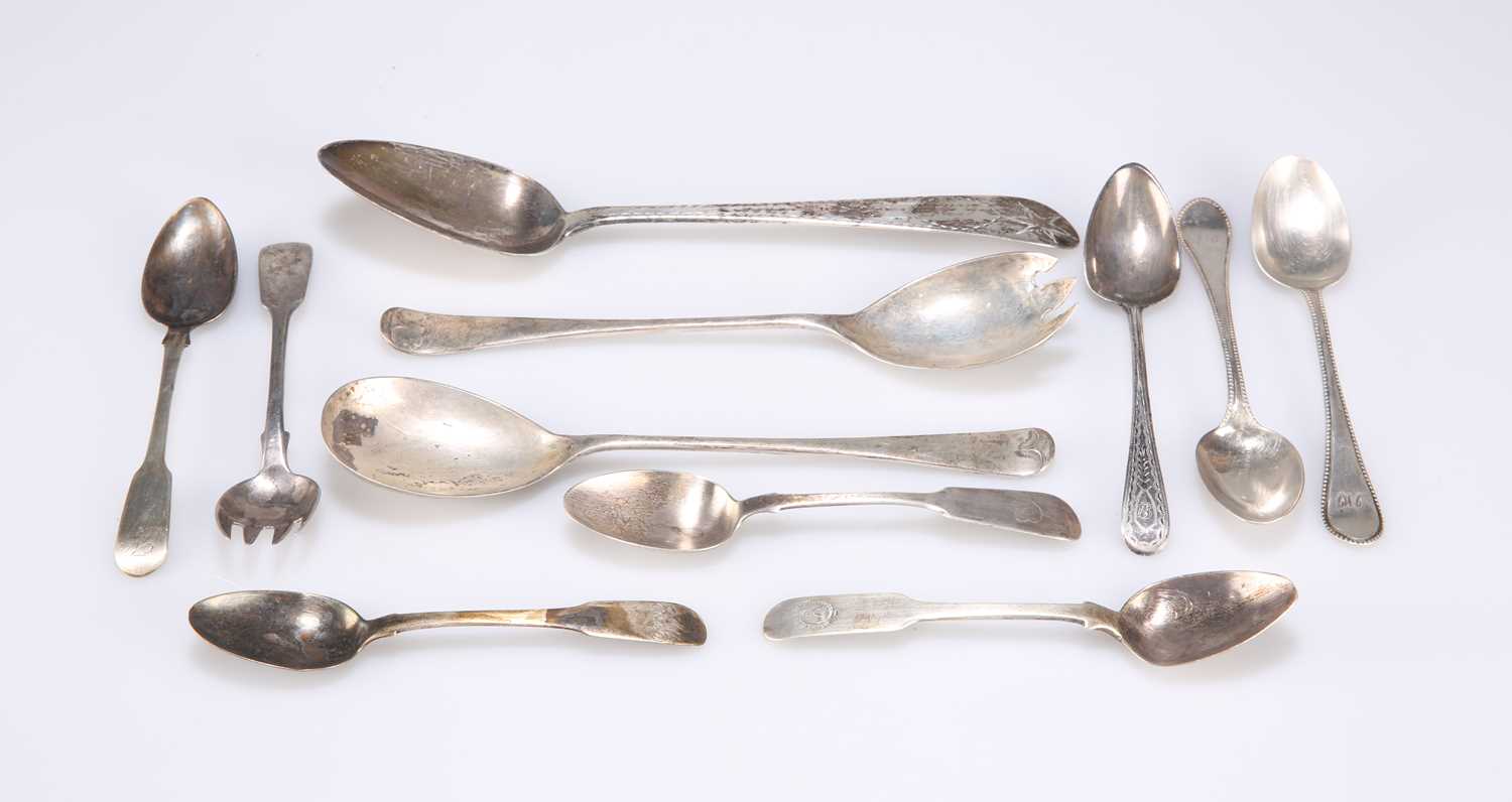 A SMALL GROUP OF PROVINCIAL, SCOTTISH AND IRISH SILVER FLATWARE, GEORGIAN AND LATER