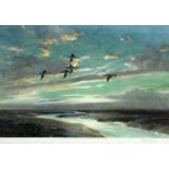 AFTER PETER SCOTT (1909-1989) PAIR OF PRINTS "WHITE FRONTED GEESE AT DAWN" AND MALLARDS IN FLIGHT