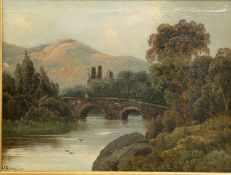 N BARCLAY (19TH/20TH CENTURY) RIVER LANDSCAPE WITH BRIDGE AND RUINED CASTLE