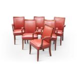 A SET OF SIX 20TH CENTURY TEAK AND UPHOLSTERED BOARDROOM ARM CHAIRS