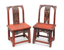 TWO CHINESE RED LACQUER SIDE CHAIRS, EARLY 20TH CENTURY