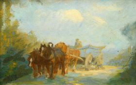 DONALD WOOD (1889-1953) HORSE DRAWN CART ON A LANE