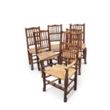 A SET OF SIX EARLY 19TH CENTURY OAK SPINDLE-BACK DINING CHAIRS, OF LANCASHIRE ORIGIN