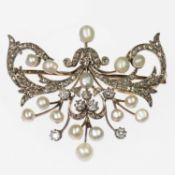 AN EARLY 20TH CENTURY NATURAL SALTWATER PEARL AND DIAMOND BROOCH