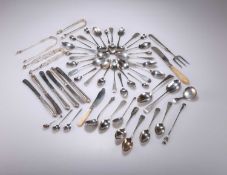 A COLLECTION OF GEORGIAN AND LATER FLATWARE AND SUGAR TONGS