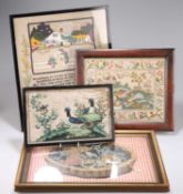 THREE TEXTILE PICTURES AND A CHINESE RICE PAPER PAINTING