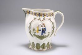 A PEARLWARE JUG MOULDED WITH SCENES REPRESENTING 'MISCHIEVOUS SPORT' AND 'SPORTING INNOCENCE'