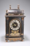 A 19TH CENTURY CONTINENTAL BRASS INLAID AND MOUNTED EBONISED MANTEL CLOCK