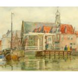 ATTRIBUTED TO ERIK RIJNDERS (DUTCH 19TH/20TH CENTURY) DUTCH CANAL SCENE WITH CHURCH AND BRIDGE