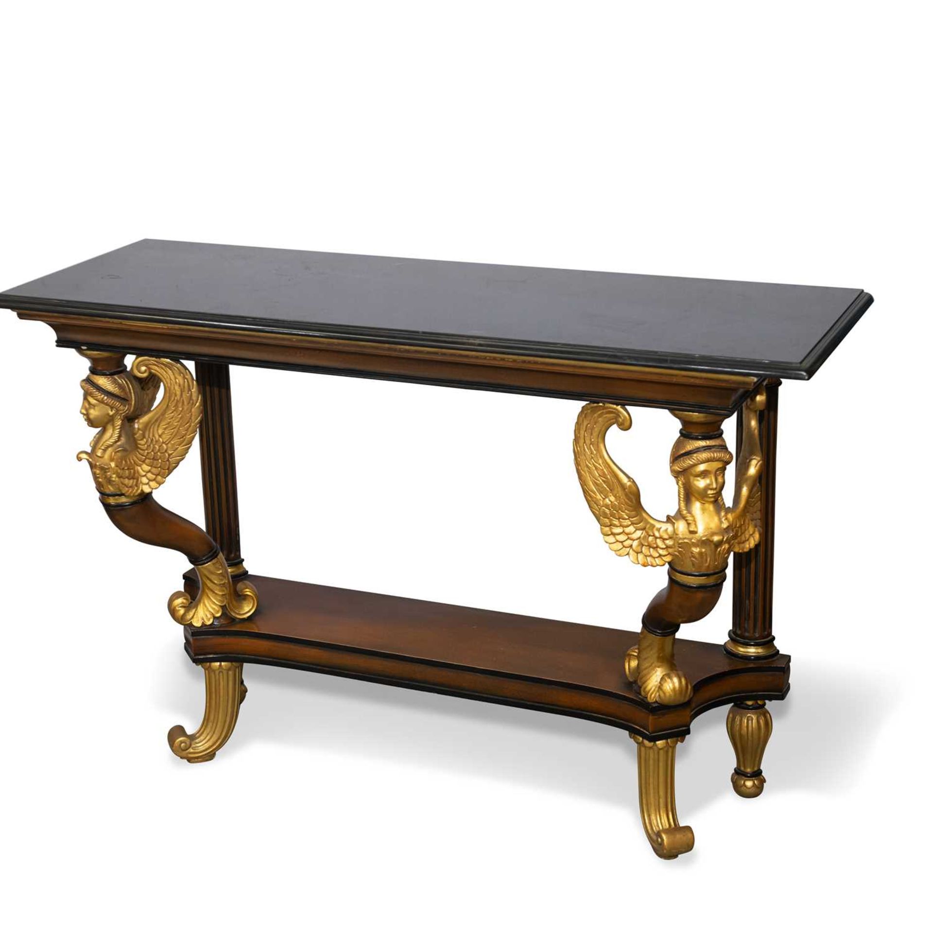 A MARBLE TOPPED PARCEL-GILT CONSOLE TABLE, 20TH CENTURY