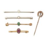 FOUR VARIOUS BAR BROOCHES, AND A CORAL AND SEED PEARL HORSESHOE STICK PIN
