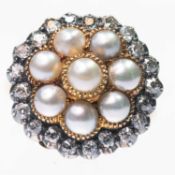 A LARGE SPLIT PEARL AND DIAMOND CLUSTER RING