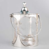 AN EDWARDIAN SILVER AND GLASS BISCUIT BARREL