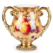 A RARE ROYAL WORCESTER FRUIT PAINTED LOVING CUP