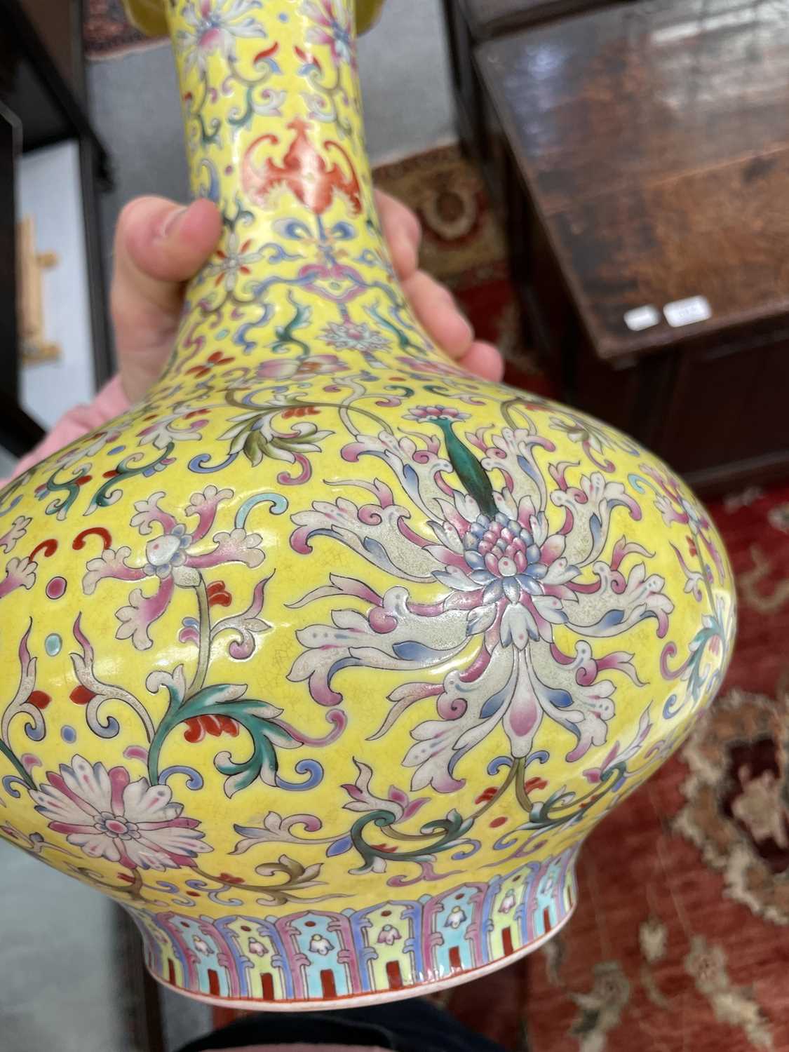 A CHINESE FAMILLE ROSE YELLOW-GROUND BOTTLE VASE - Image 4 of 12
