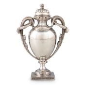 A GEORGE VI SILVER MINIATURE TWIN-HANDLED VASE AND COVER
