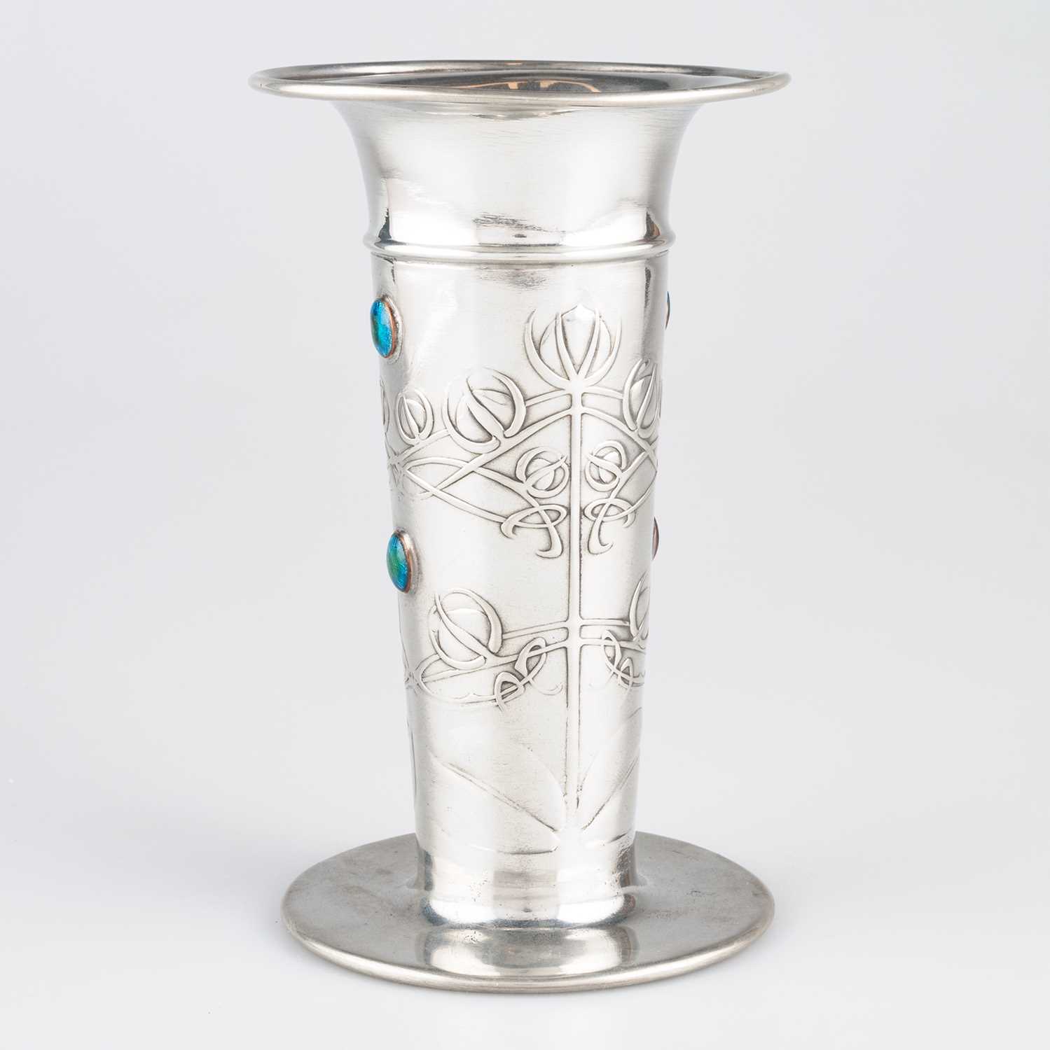 ARCHIBALD KNOX (1864-1933) FOR LIBERTY & CO, A TUDRIC PEWTER AND ENAMEL VASE