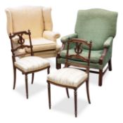 TWO GEORGIAN STYLE ARMCHAIRS AND A PAIR OF WALNUT SIDE CHAIRS