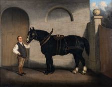 JOSEPH MAIDEN (1813-1843) DISTILLERY STABLE YARD WITH DRAY HORSE AND FARM HAND