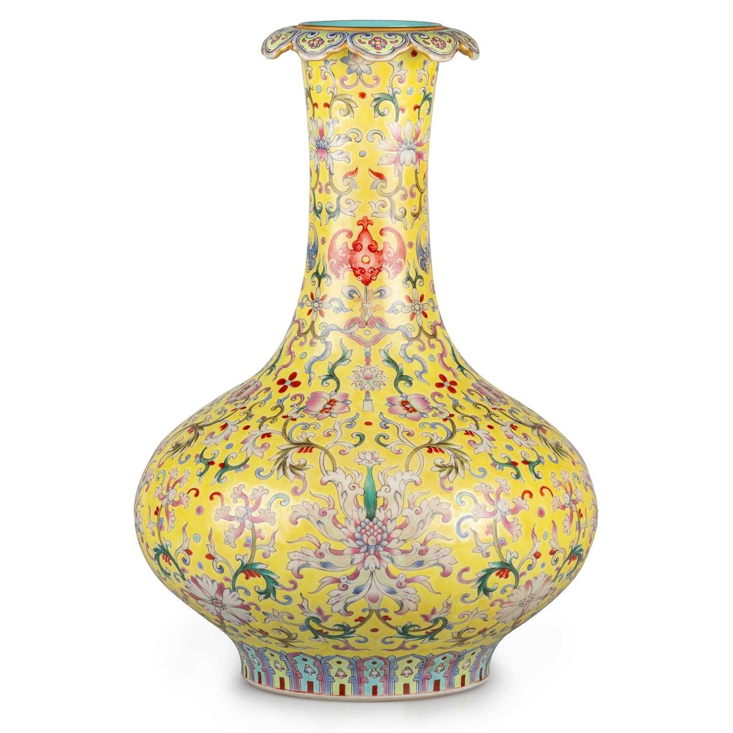 A CHINESE FAMILLE ROSE YELLOW-GROUND BOTTLE VASE