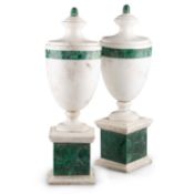 A PAIR OF CONTINENTAL WHITE MARBLE AND MALACHITE URNS, LATE 19TH CENTURY