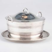 A GEORGE III SILVER BUTTER TUB, COVER AND STAND