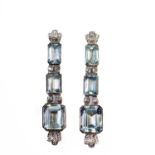 A PAIR OF AQUAMARINE AND DIAMOND PENDANT EARRINGS