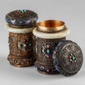 A PAIR OF CHINESE SILVER, JADE, ENAMEL AND 'JEWELLED' JARS AND COVERS