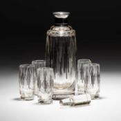 A FRENCH SILVER-COLLARED GLASS DECANTER AND GLASSES SET, POSSIBLY BACCARAT