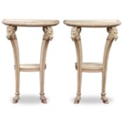 A PAIR OF PAINTED WOOD DEMILUNE CONSOLE TABLES