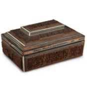 A MID-19TH CENTURY ANGLO-INDIAN SADELI AND CARVED SANDALWOOD SEWING BOX