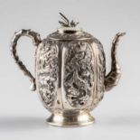 A CHINESE SILVER AND JADE TEAPOT