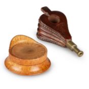 TREEN: A PAIR OF BRASS-MOUNTED MAHOGANY MINIATURE BELLOWS AND AN OFFICER'S HAT SNUFF BOX