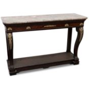 A CONTINENTAL GILT METAL-MOUNTED MARBLE-TOPPED AND MAHOGANY CONSOLE TABLE, 19TH CENTURY