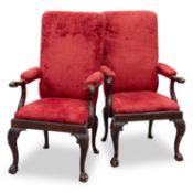 A HANDSOME PAIR OF 18TH CENTURY STYLE MAHOGANY AND UPHOLSTERED HIGH-BACK ARMCHAIRS